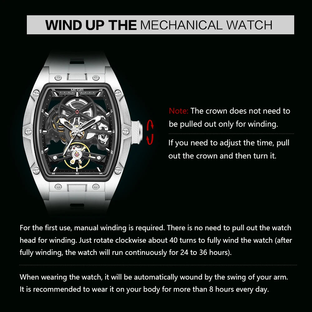 Men's Automatic Mechanical Watch with Stainless Steel Case Silicone Band  Waterproof Sport Wristwatch