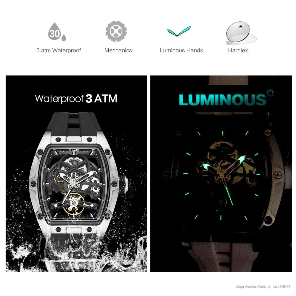 Men's Automatic Mechanical Watch with Stainless Steel Case Silicone Band  Waterproof Sport Wristwatch