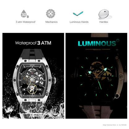 Men's Automatic Mechanical Watch with Stainless Steel Case Silicone Band  Waterproof Sport Wristwatch